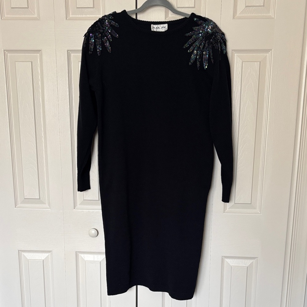Vintage Plain Jane Navy Long Sleeve Knit Dress with Iridescent Shoulder Sequins